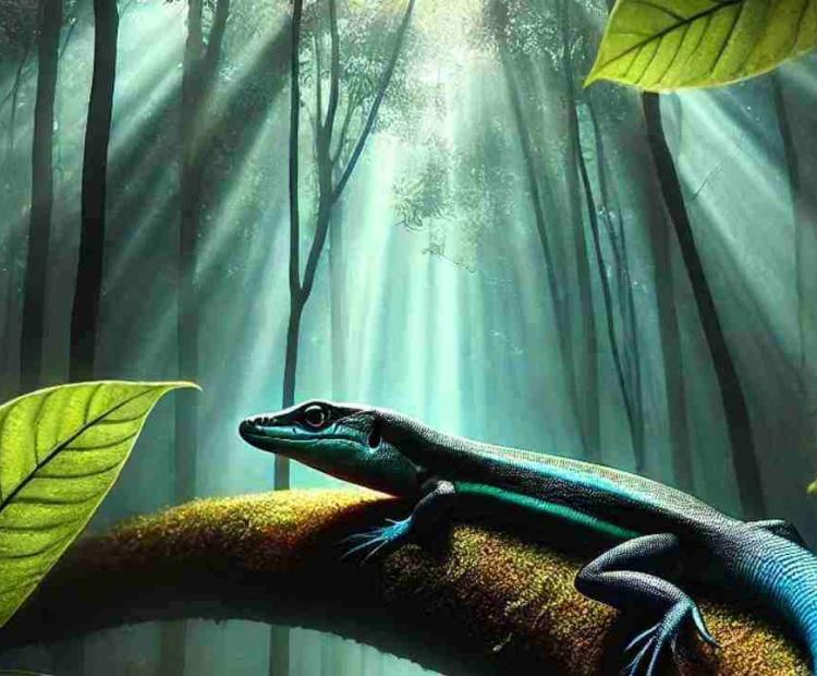 A rare blue-tailed lizard basking in the sun, resting on a warm rock in a peaceful natural environment.