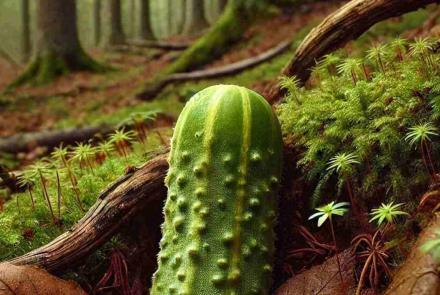 A weird mushroom found deep in the forest, its strange shape standing out among the natural surroundings.